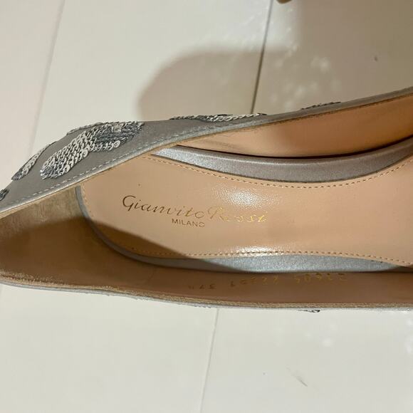 Gianvito Rossi Daze Satin Heels Pumps Shoes Silver Sequin Leopard 37.5 - Picture 11 of 13